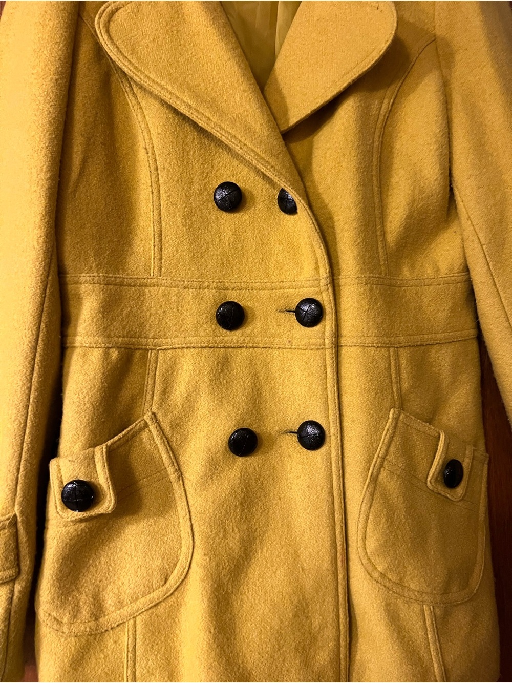 Wool Blend Double-Breasted Peacoat - Mustard